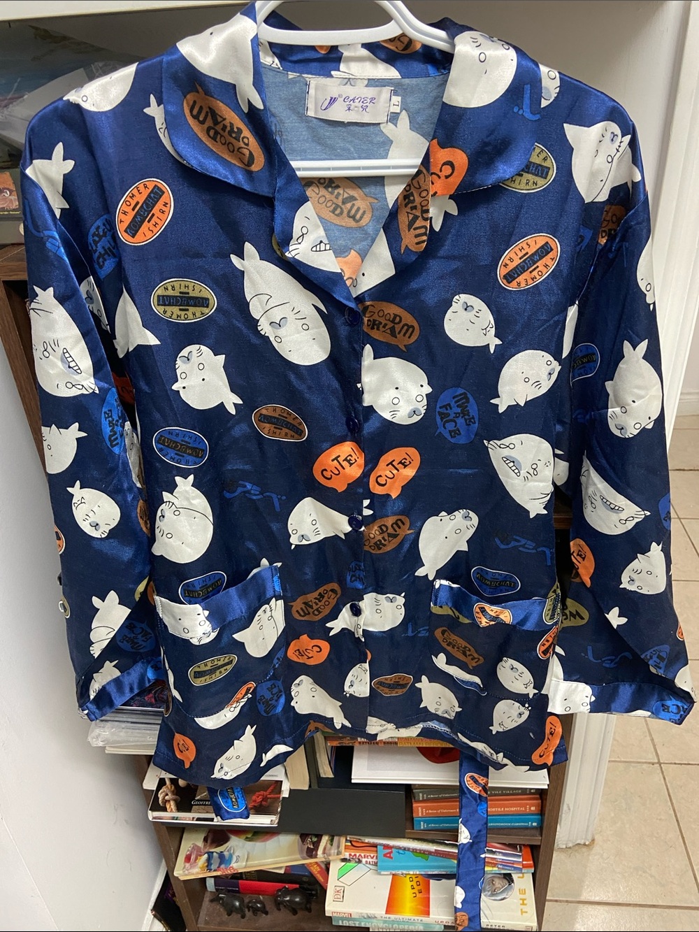 Vintage Navy Blue Cartoon Print Satin Top with Robe Belt Sleepwear